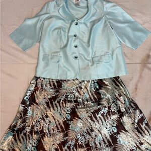 Le Bos 2 Pcs Outfit Light Blue Blazer & Satin Fern Leaf Skirt Set Size 20W